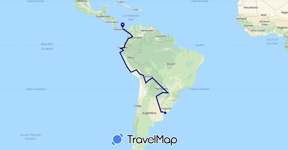 TravelMap itinerary: driving in Argentina, Bolivia, Brazil, Colombia, Ecuador, Panama, Peru, Paraguay, Uruguay (North America, South America)